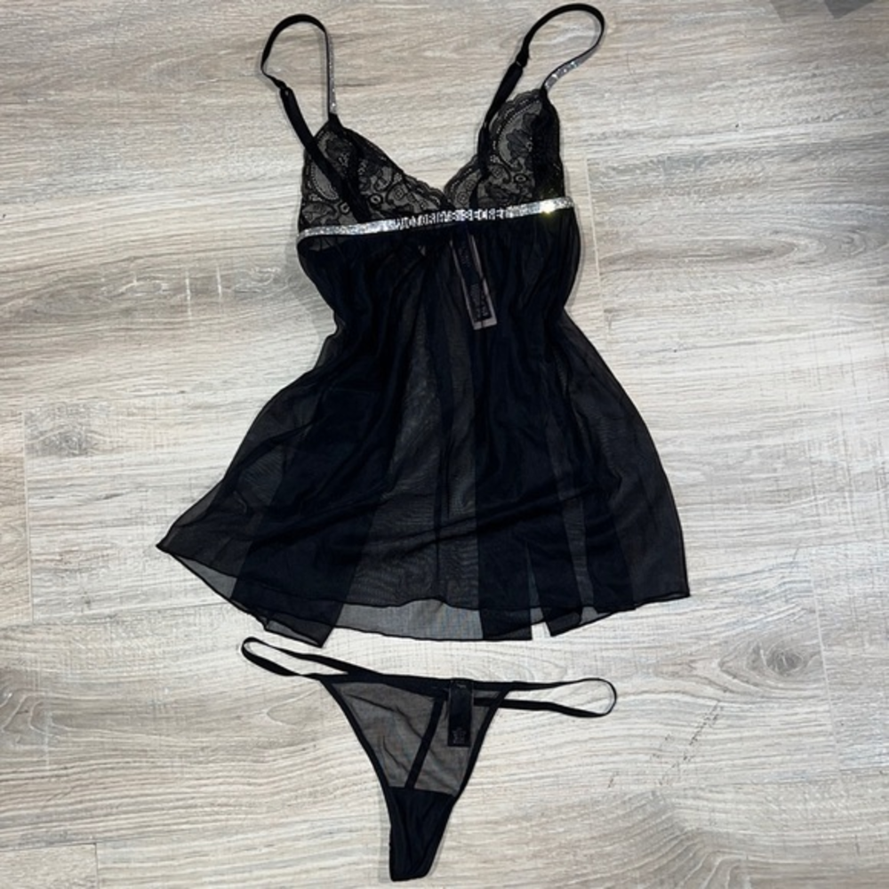Victoria’s Secret black Lacey tulle babydoll Shine strap nwt panty set an
